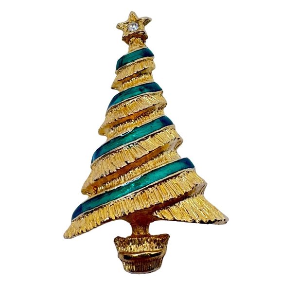 Unbranded Jewelry - Christmas Tree Brooch Pin Vintage Jewelry Gold-Colored Green Stripes Ribbon Star